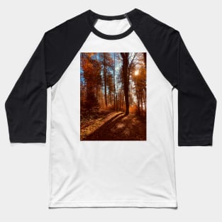 Sun rising behind autumn trees Baseball T-Shirt